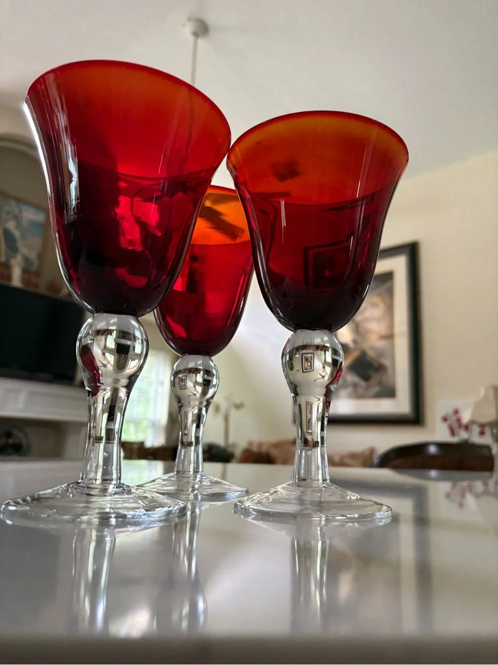 Red Stemmed Wine Glasses - Set of 3